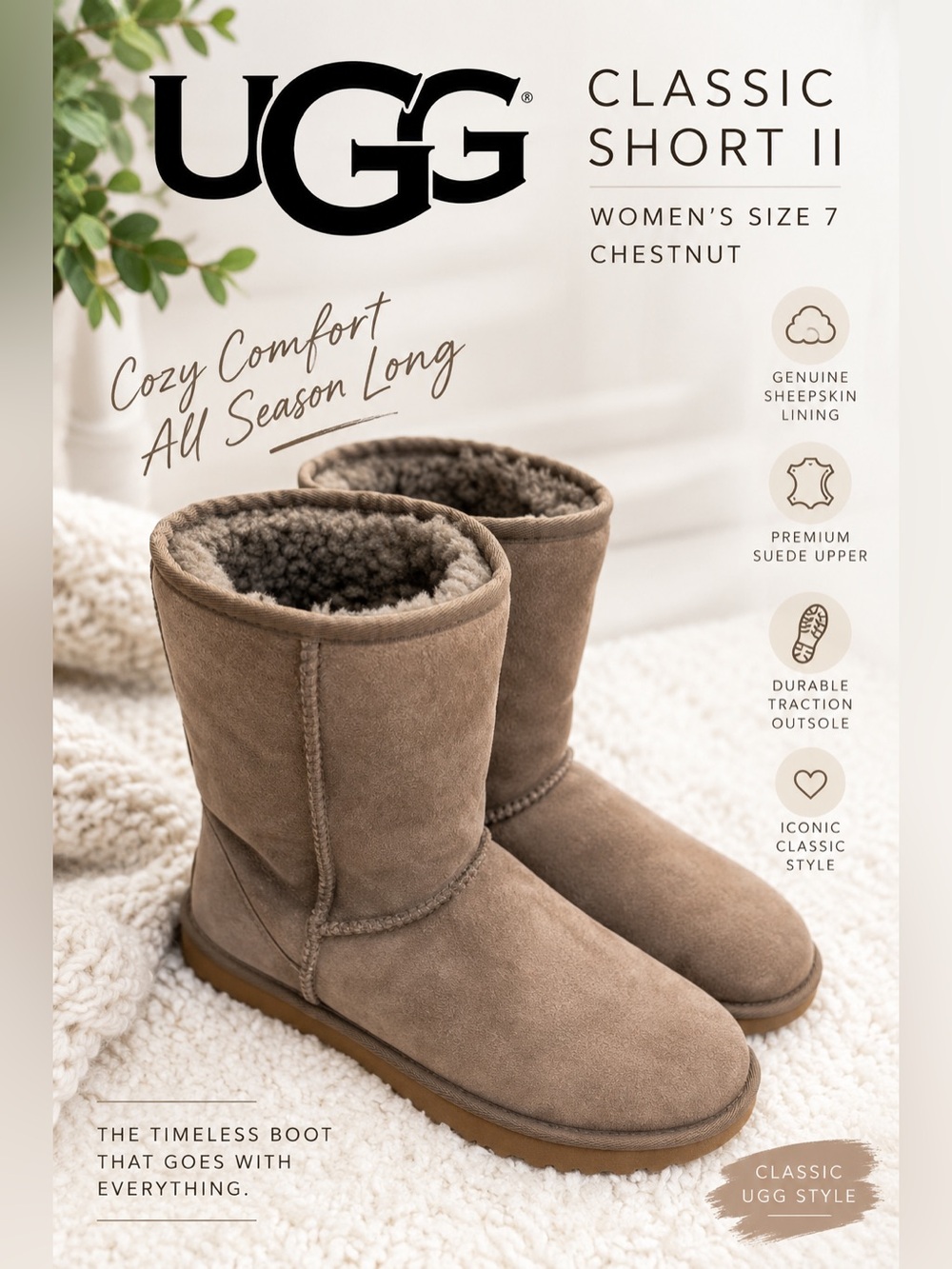 UGG Classic Short II Chestnut Sheepskin Boots Women’s 7 Brown Suede Winter